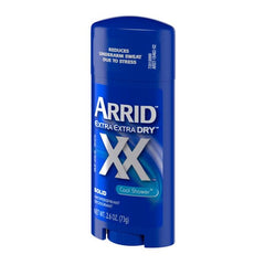 Arrid XX Extra Extra Dry solid Cool Shower underarm application angle highlighting quick freshness.