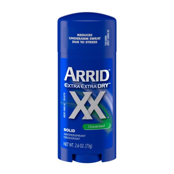 Arrid XX Extra Extra Dry unscented solid stick outside packaging ready for quick application.