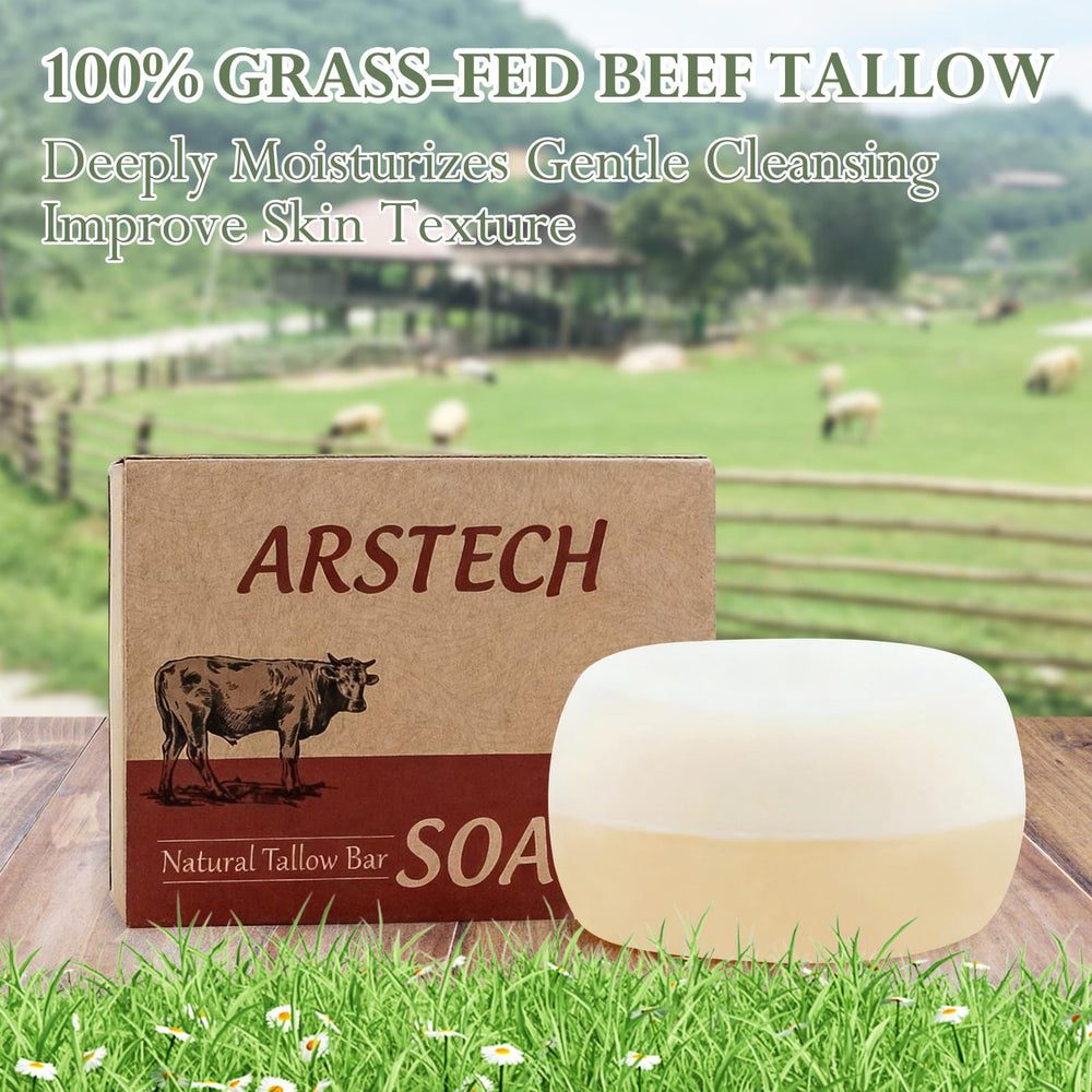 Arstech Beef Tallow Soap Bar in bathroom setting for daily cleansing.
