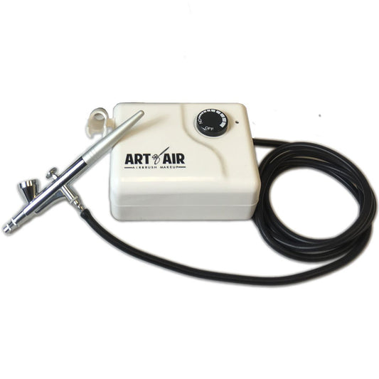 Art of Air compressor and airbrush combo front view, portable for mobile makeup artistry.