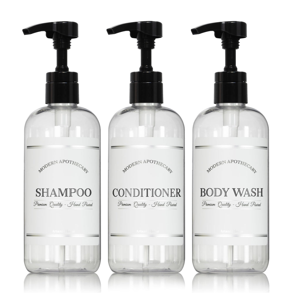 Artanis Home clear 16 oz bottles with pumps for organized shower storage.