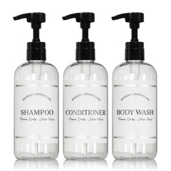 Artanis Home clear 16 oz bottles with pumps for organized shower storage.