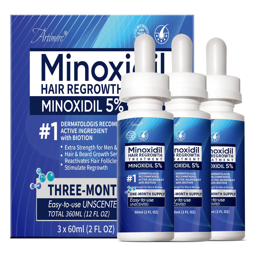 Artimore 5% Minoxidil serum bottle for daily scalp application to support hair regrowth.