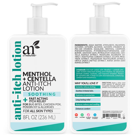Artnaturals Anti-Itch Lotion bottle delivering cooling relief for itchy skin.