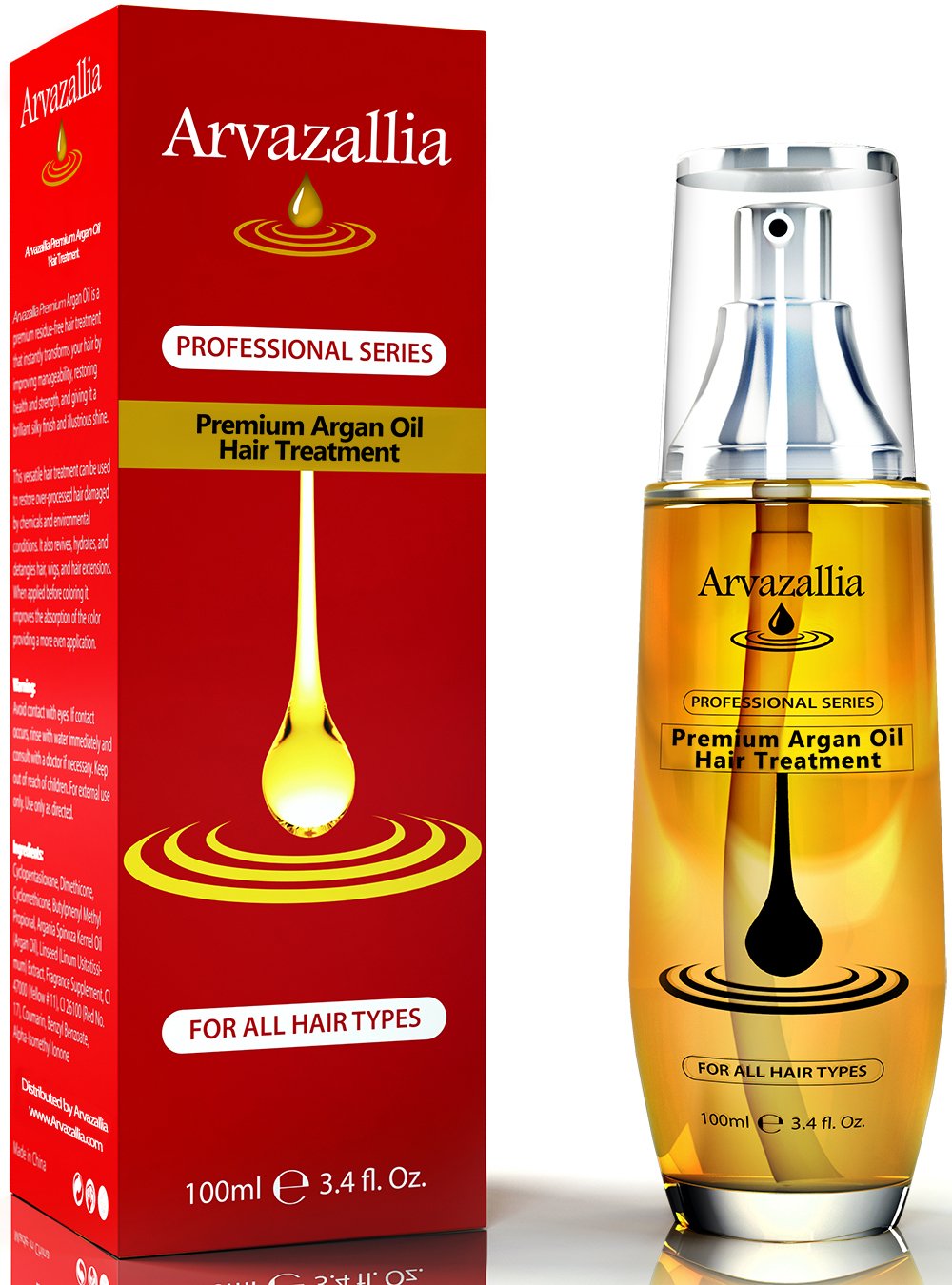 Arvazallia Argan Oil hair treatment bottle showing shine and detangling benefits