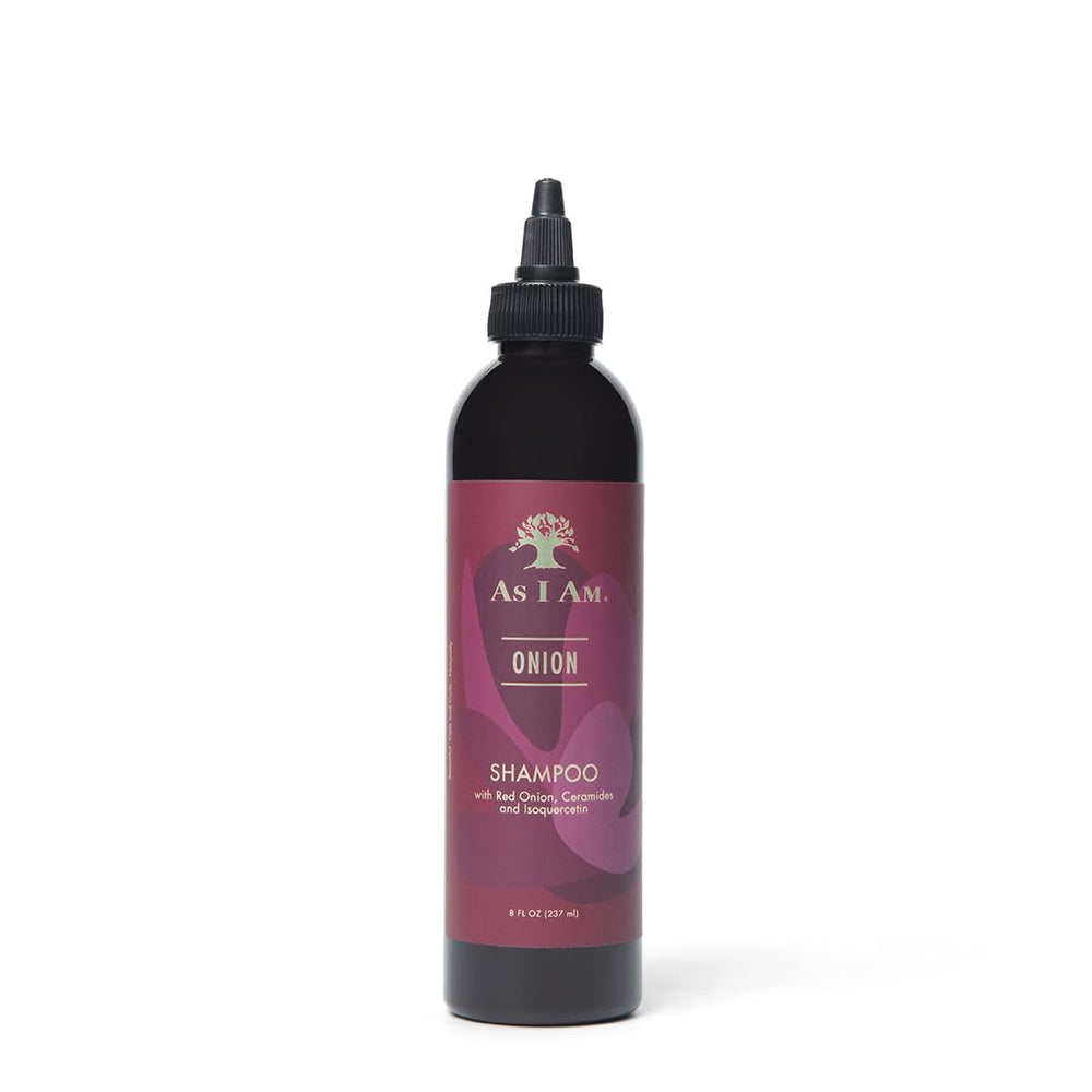 As I Am Onion Shampoo bottle front view showing a gentle, sulfate-free formula.