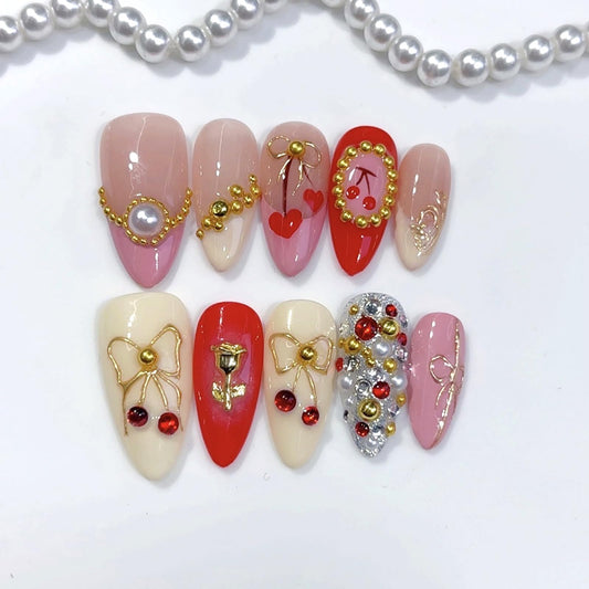 ASABITE 10Pcs almond press-on nails with 3D bow design for quick style