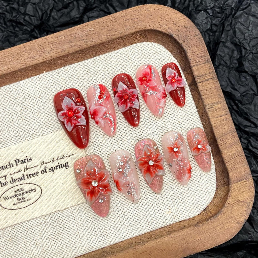 ASABITE red gradient almond nails pack on hand for daily wear and style.