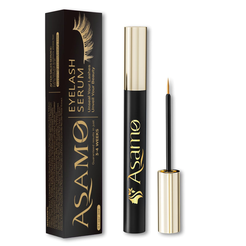 ASAMO eyelash serum bottle close-up highlighting 15 plant extracts for nourished lashes.