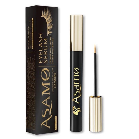 ASAMO eyelash serum bottle close-up highlighting 15 plant extracts for nourished lashes.
