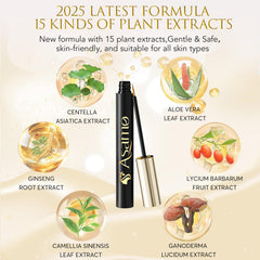 ASAMO eyelash serum bottle close-up showcasing premium black and gold design.
