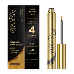 ASAMO Pure Gold eyelash serum bottle for nourishing lashes and brows safely.