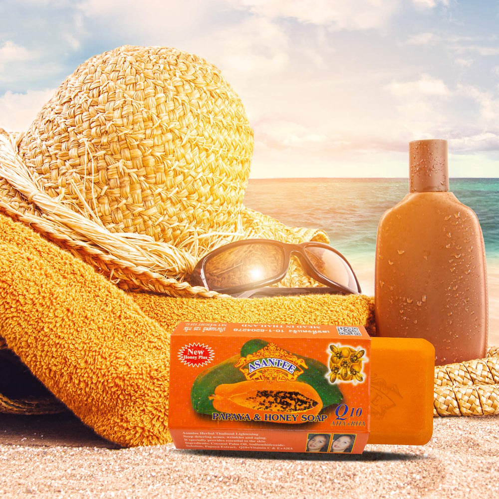ASANTEE Papaya & Honey soap bar packaging showing 3-pack value.