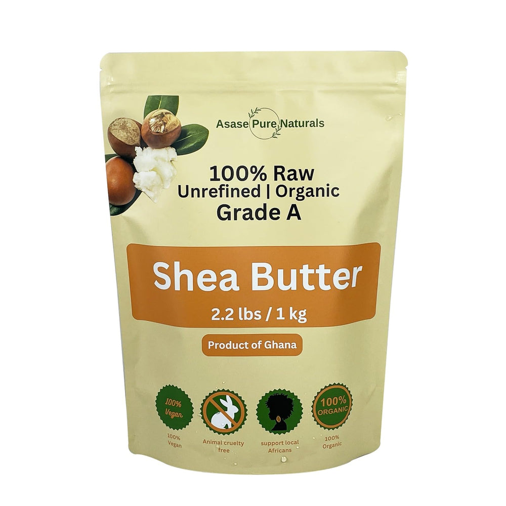 Asase Pure Naturals shea butter jar closeup showcasing rich hydration.