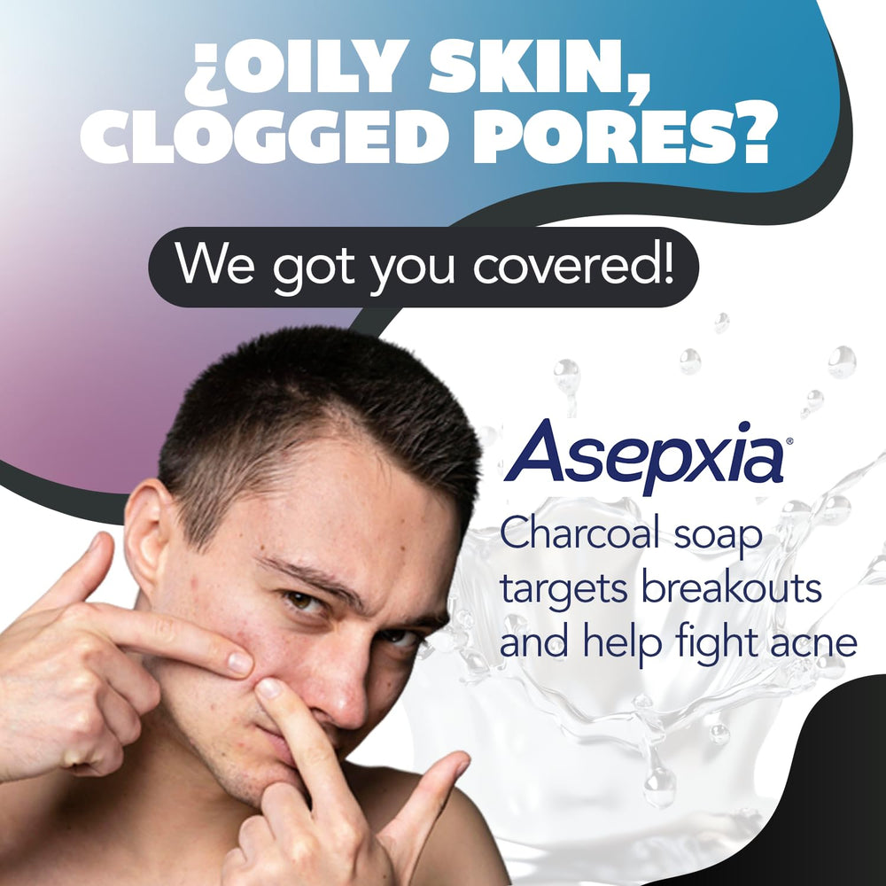 Asepxia bar soap with activated charcoal drawing out dirt and oil.