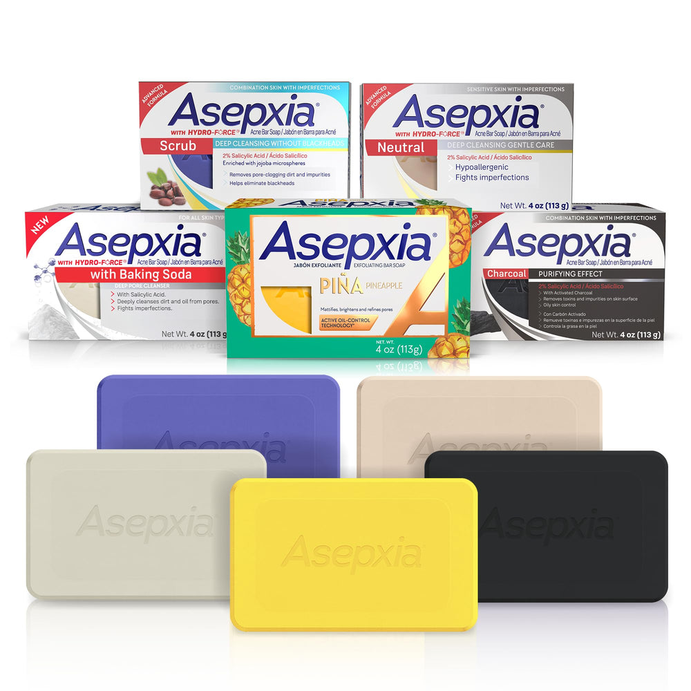 Asepxia variety pack five bars close-up for acne care routine.
