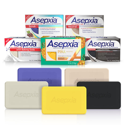 Asepxia variety pack five bars close-up for acne care routine.