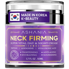 Ashania neckline-firming cream in a pump jar for a visibly lifted neckline.