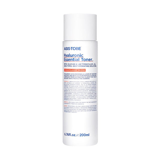 ASIS-TOBE Hyaluronic Essential Toner bottle close-up for hydration.