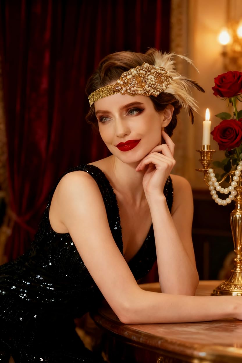 asooll vintage crystal headpiece with long feathers for Gatsby-inspired parties
