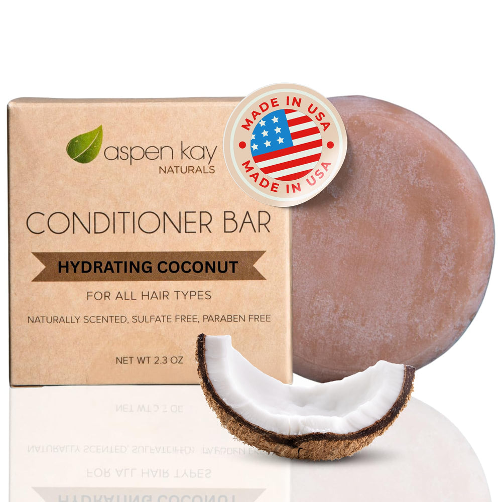 Aspen Kay Naturals conditioner bar packaging showing travel-friendly vegan formula