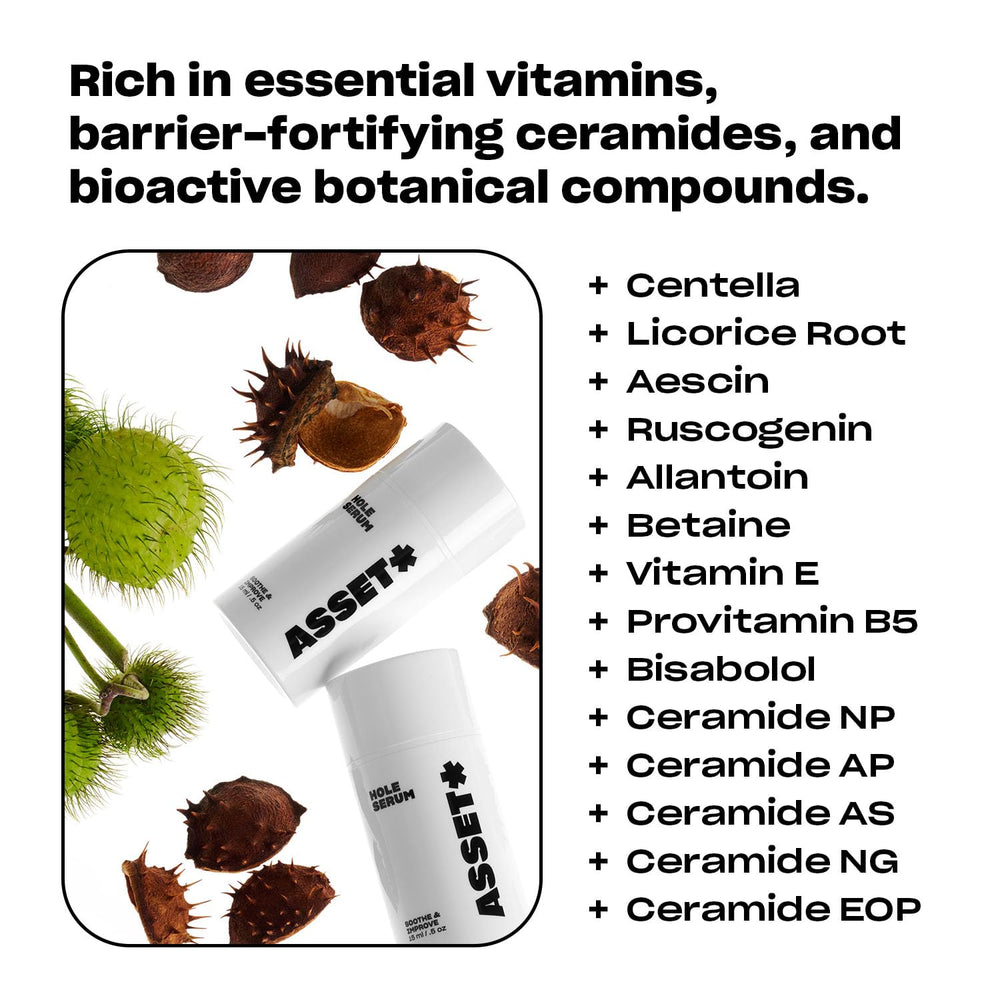 Asset Hole Serum label shows fragrance-free and dermatologist-approved claims.