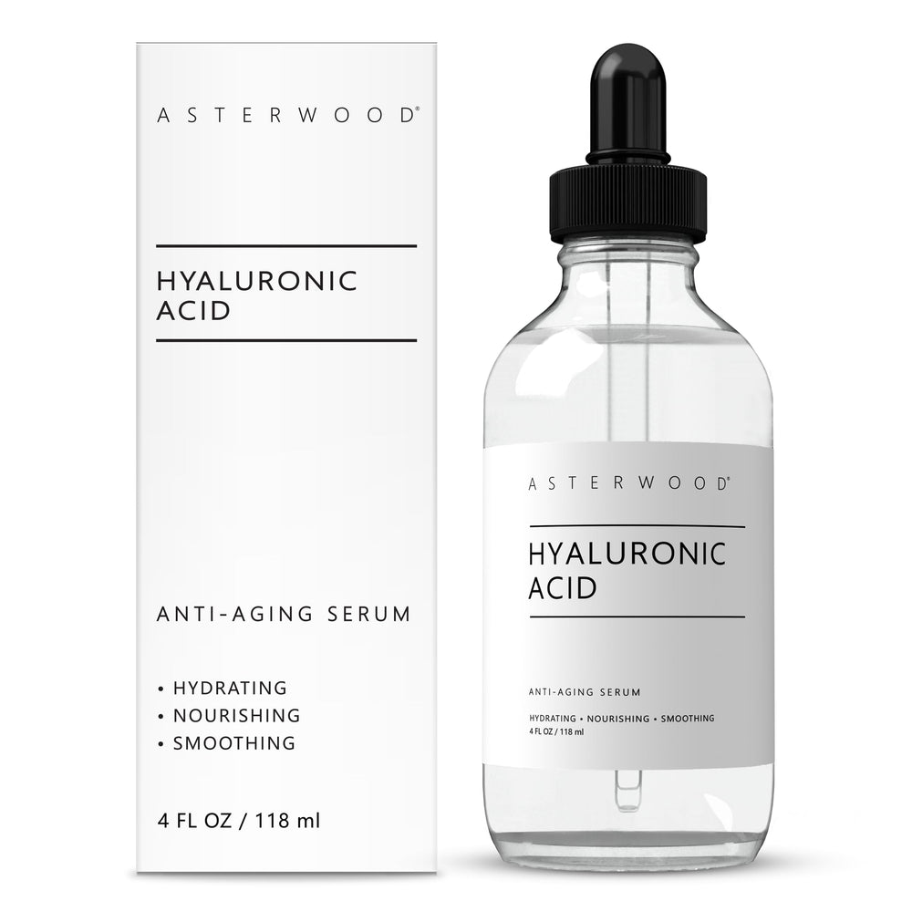 Asterwood Hyaluronic Serum bottle highlighting the hydrating formula.