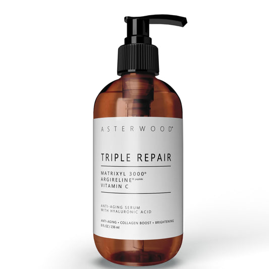 Asterwood Triple Repair Serum bottle close-up for fragrance-free daily skincare.