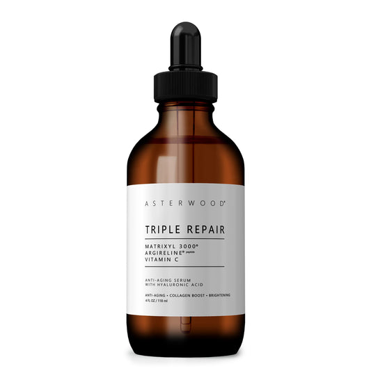 Asterwood Triple Repair Serum bottle with pour spout for easy daily use and smoother skin.
