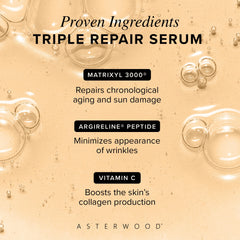 Asterwood Triple Repair Serum ingredients panel highlights Matrixyl 3000 and Argireline for skin support.
