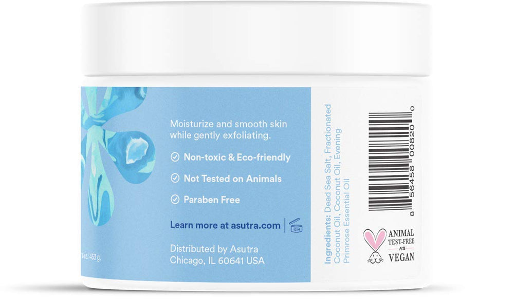 ASUTRA scrub in hand shows coconut oil infusion for soft skin.