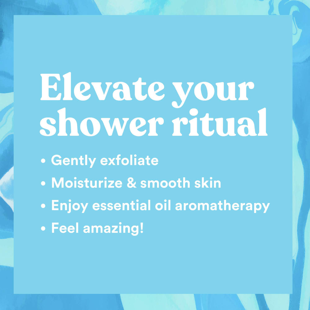 Oil blends and salt grains suggest a spa-like shower experience.