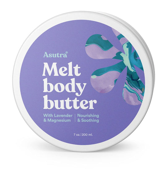 ASUTRA Magnesium Body Butter Lavender jar for deep moisturization and calming scent.