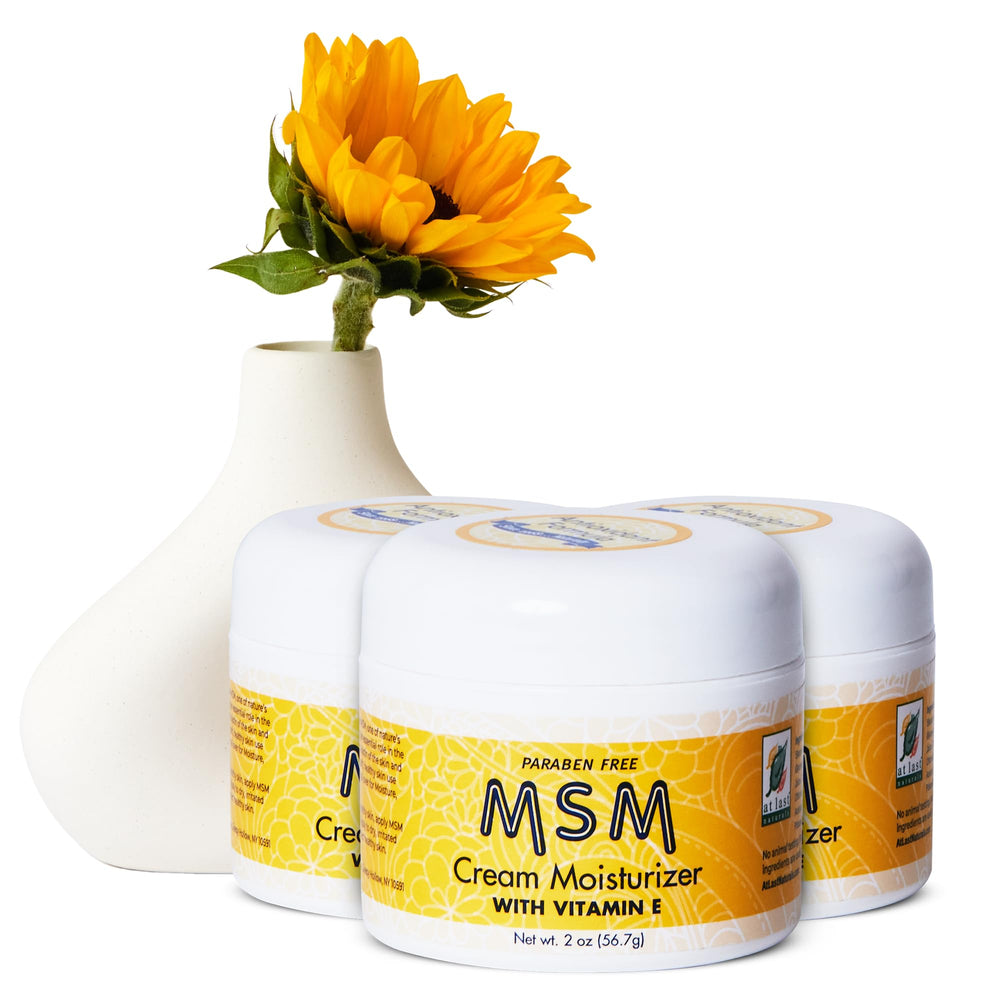 At Last Naturals MSM Cream packaging showing the 3-pack set for convenient daily hydration.