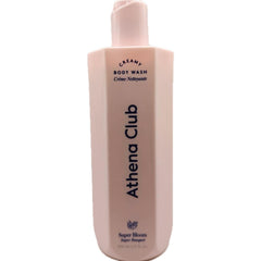 Athena Club Super Bloom bottle being poured to reveal rich creamy lather, ideal for daily cleansing