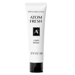 Atom Fresh Hand Cream Comfy Woody bottle front showing fast-absorbing hydration for dry hands.