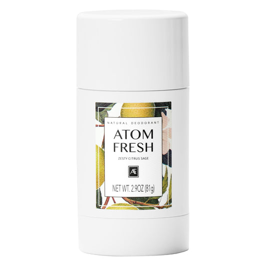 Atom Fresh Laboratory natural deodorant packaging showing aluminum-free protection and clean design.