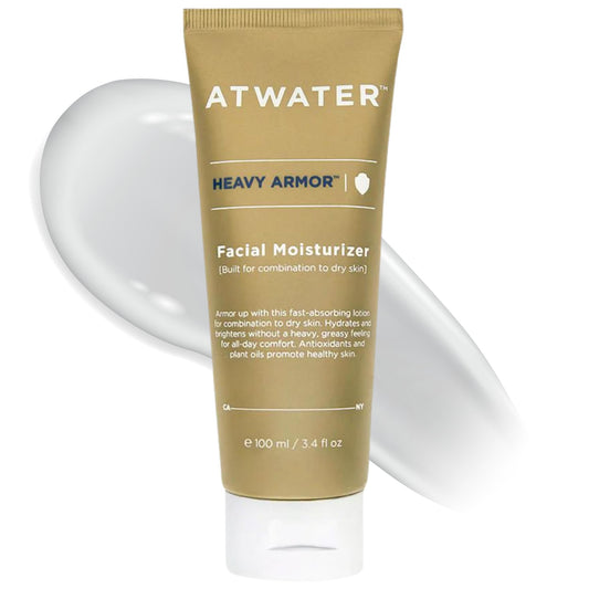 ATWATER Heavy Armor facial moisturizer label close-up on premium packaging