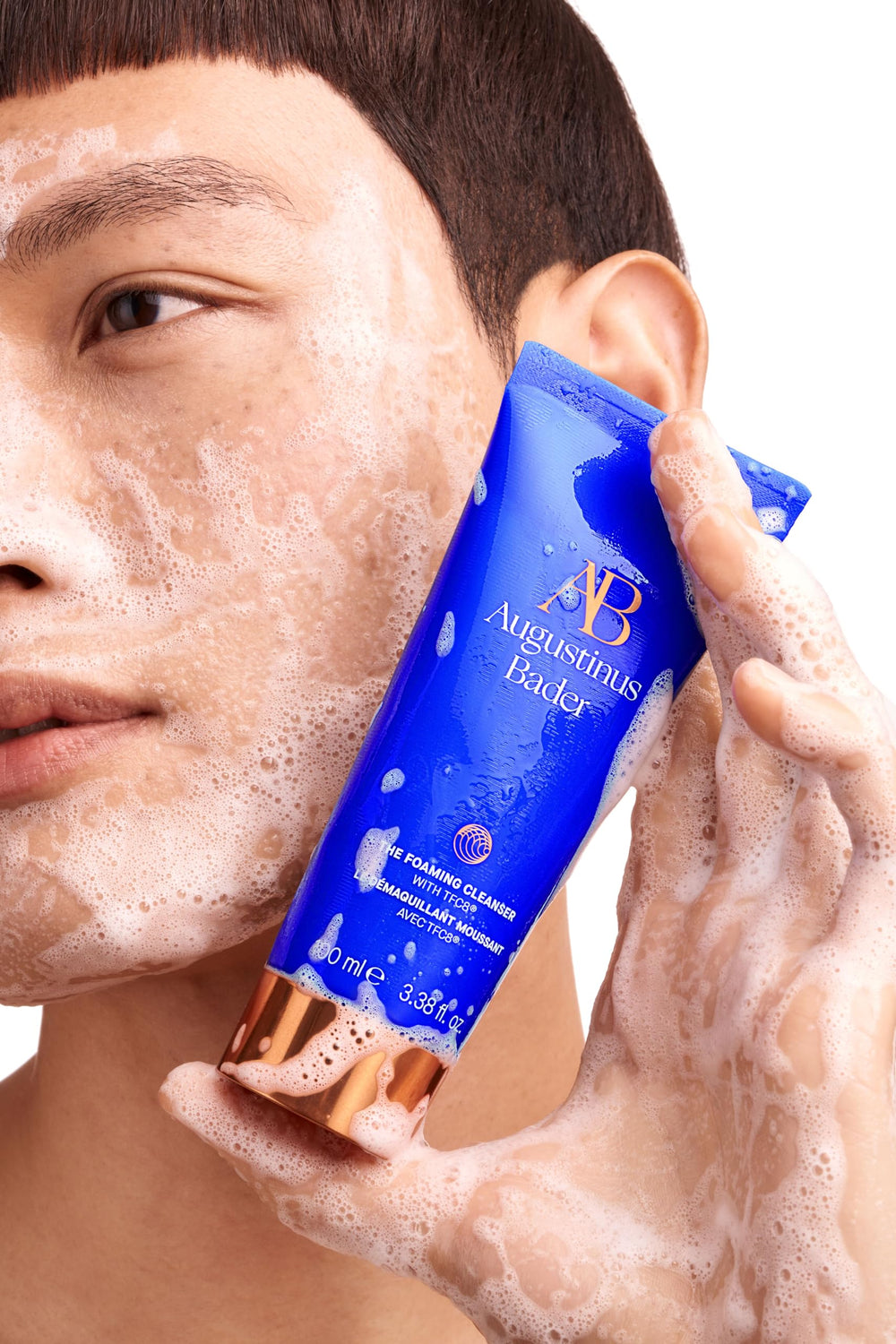 Close-up texture highlights smooth, non-drying cleansing action suitable for daily use.