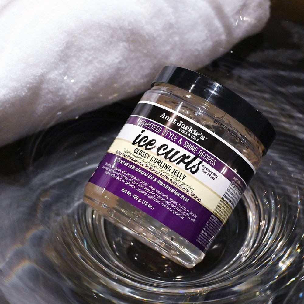 Aunt Jackie's Ice Curls Glossy Jelly applied to damp hair for defined waves