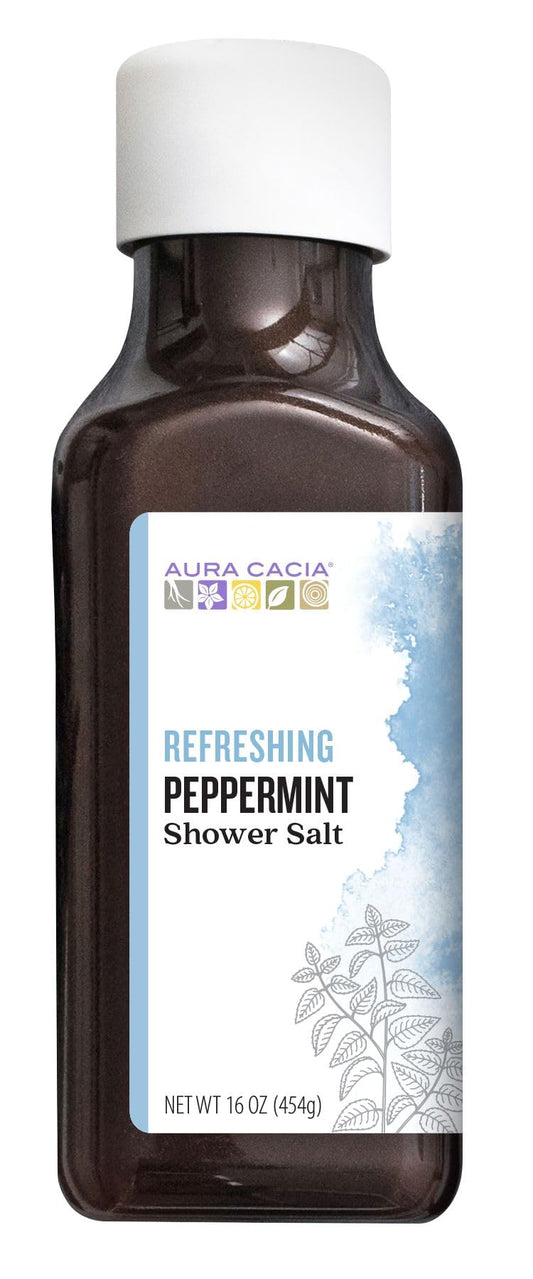 Aura Cacia Peppermint Shower Salts bottle-overcap creates refreshing steam for quick mood refresh