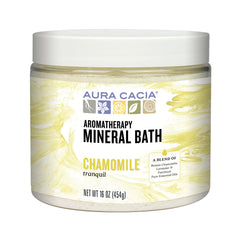 Aura Cacia Tranquil Chamomile Mineral Bath jar offers a calming soak for relaxation.