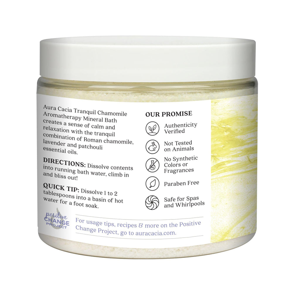 Aura Cacia Tranquil Chamomile mineral bath label highlights pure essential oils for a spa like retreat.