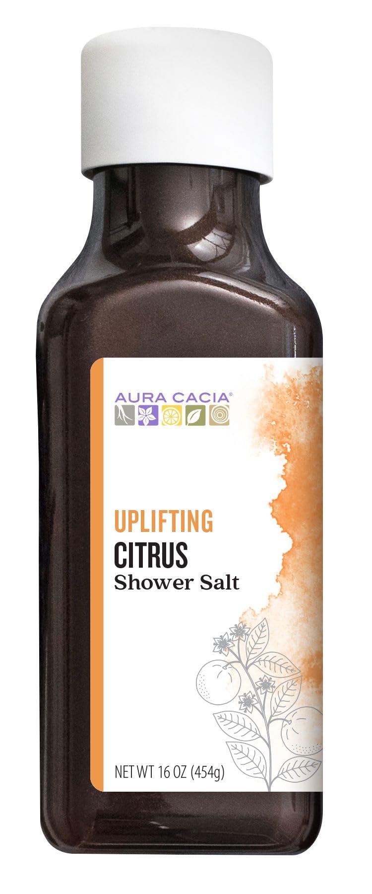 Aura Cacia Uplifting Citrus Shower Salts bottle promotes a spa-like shower ritual