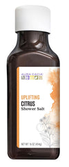 Aura Cacia Uplifting Citrus Shower Salts bottle promotes a spa-like shower ritual