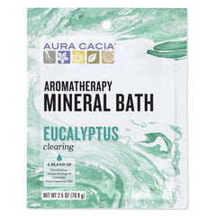 Aura Cacia Clearing Eucalyptus bath salt packet offers refreshing aromatherapy for a calming soak.