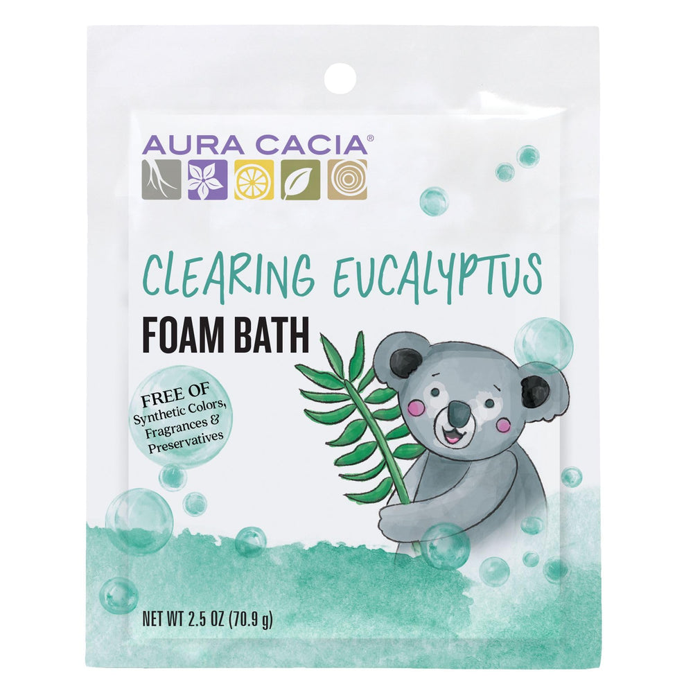 Aura Cacia Foam Bath for Kids bottle pour with eucalyptus and citrus scent for gentle cleansing.