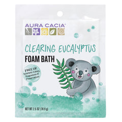Aura Cacia Foam Bath for Kids bottle pour with eucalyptus and citrus scent for gentle cleansing.