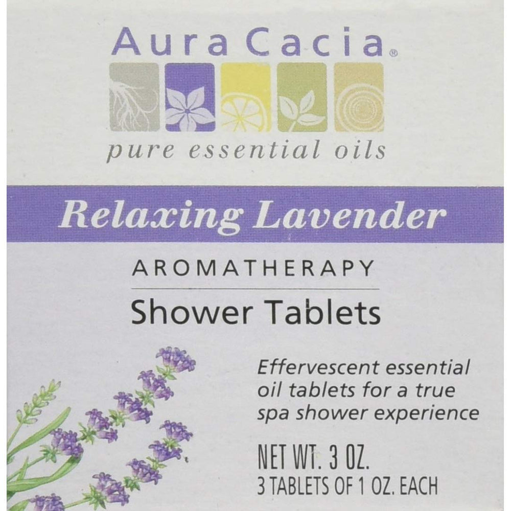 Aura Cacia Relaxing Lavender shower tablets in the shower releasing calming lavender fragrance for relaxation.