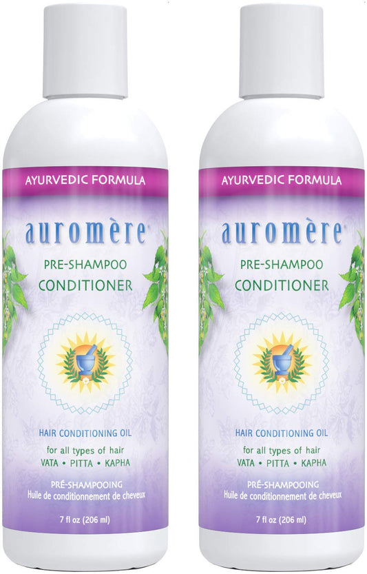Auromere Ayurvedic pre-shampoo conditioner bottle ready for nourishing hair prep.